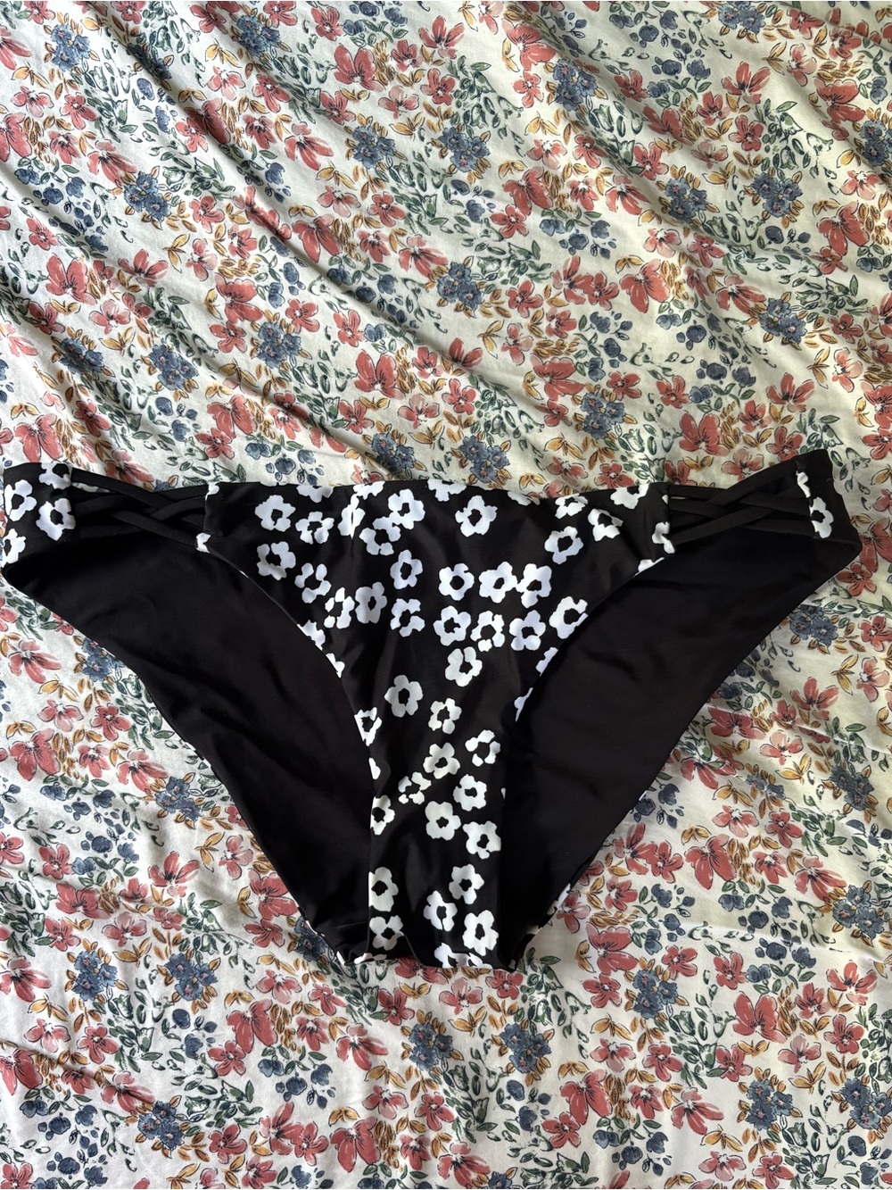 Black Floral Bikini Bottoms with White Flowers